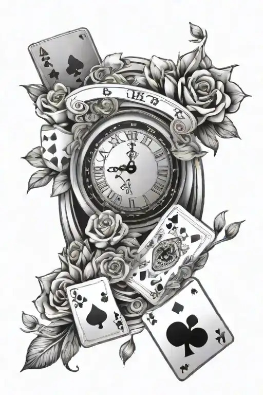 poker cards clock and flowers tattoo design idea