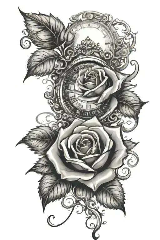poker cards burning a clock inside a rose and the leaves of a rose tattoo design idea