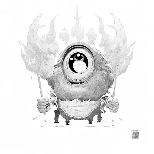 monster made out of wood with two eyes, small minions of the monster running around, full sleeve tattoo tattoo design idea