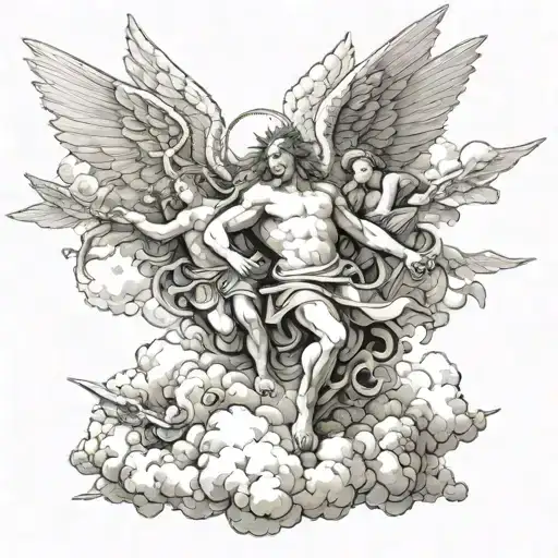 war in heaven angels fighting demons in clouds surrounding tattoo design idea