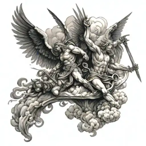 war in heaven angels fighting demons in clouds surrounding tattoo design idea