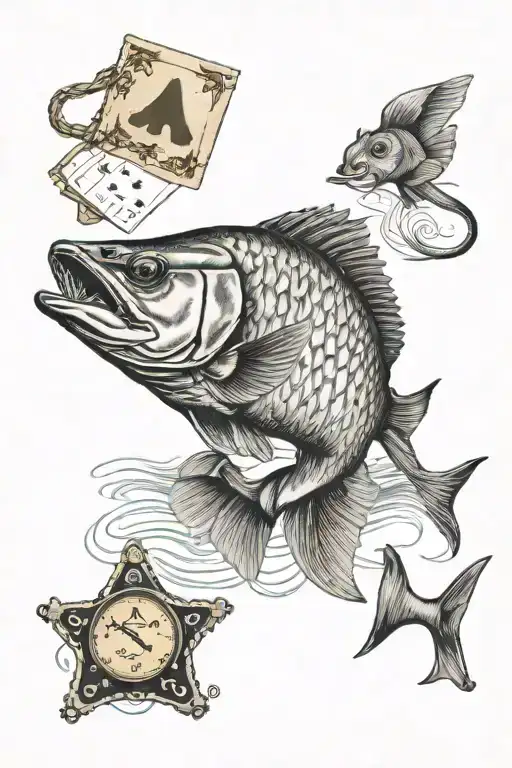 solitaire, scrabble tile P, fishing, flatcap tattoo design idea