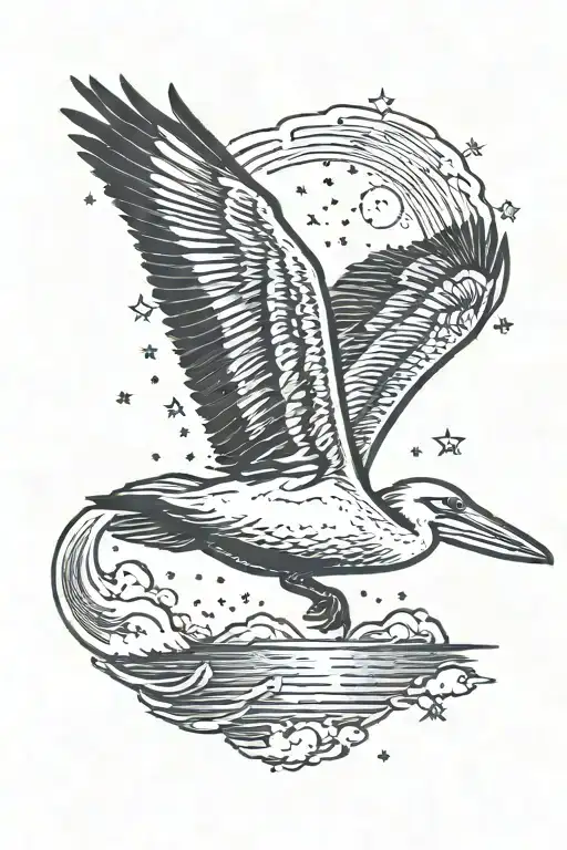 pelican flying in sunset sky filled with stars tattoo design idea