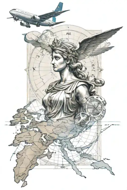 goddess Athena in the foreground, Greek architectural details around, an ancient world map in the background and an airplane tattoo design idea