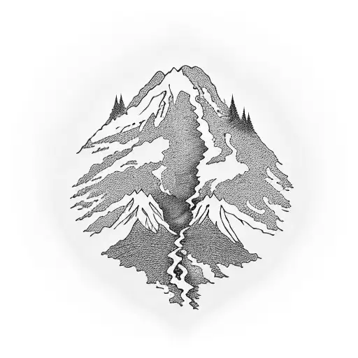 a mountain shaped like Mount Rainier with trees and a stream flowing out with a subtle Grateful Dead Steal your face tattoo design idea