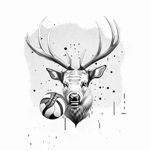elk with american football, basketball and voleyball torn through the antler tattoo design idea