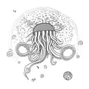 A cosmic jellyfish-like creature with tentacles made of stardust floating in the vastness of space tattoo design idea