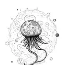 A cosmic jellyfish-like creature with tentacles made of stardust floating in the vastness of space tattoo design idea