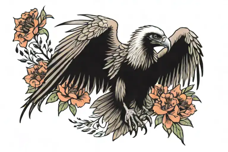 a vulture with peruvian lilies tattoo design idea