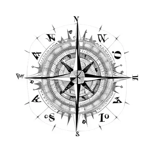 A compass rose surrounded by symbols of different cultures in blackwork style tattoo design idea