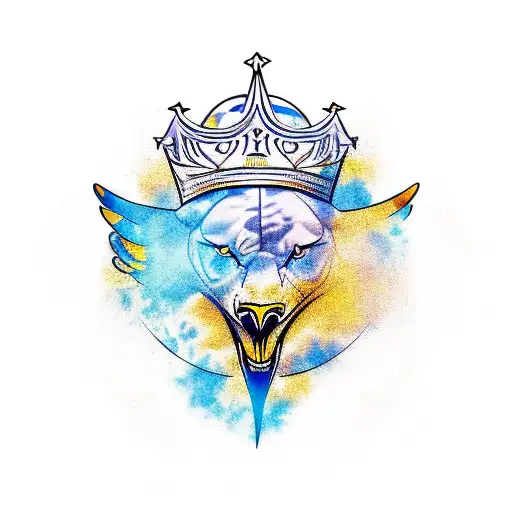 An eagle soaring through the sky with its wings spread wide and a lion under it with a crown on and a clock under  tattoo design idea