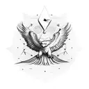 An eagle soaring through the sky with its wings spread wide and a lion under it with a crown on and a clock under  tattoo design idea