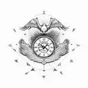 An eagle soaring through the sky with its wings spread wide and a lion under it with a crown on and a clock under  tattoo design idea