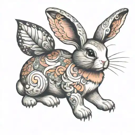 adorable bunny rabit with butterfly  tattoo design idea