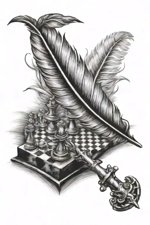 feather behind a chess peice tattoo design idea