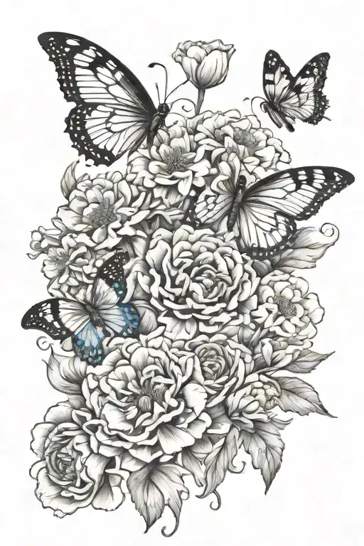 carnations, daffodils, poppies, and chrysanthemums. Add three butterflies. Add two cattle tags tattoo design idea