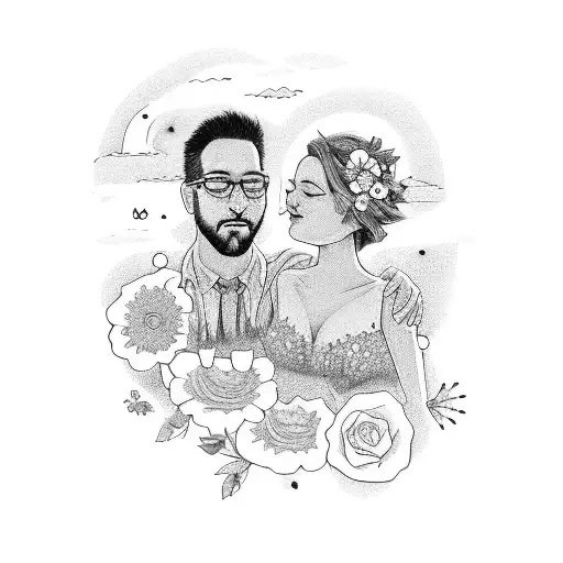 A cinematic scene of a couple in love under a summer evening sky filled with glowing lights and flowers tattoo design idea