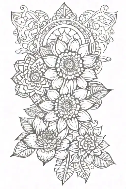 serotonin and dopamine chemical molecules with a South Indian henna design and style with lotus flower and plants  tattoo design idea