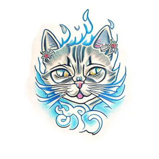 Cat blue flames chains goth  tattoo design idea