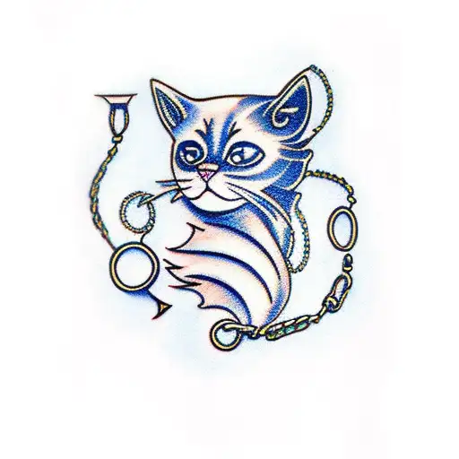 Cat blue flames chains tattoo design idea