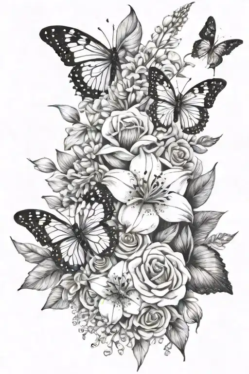 bouquet of flowers with all these: babys breath, lillies, 2 butterflies (mom and daughter), roses, & bohemian jewelry tattoo design idea