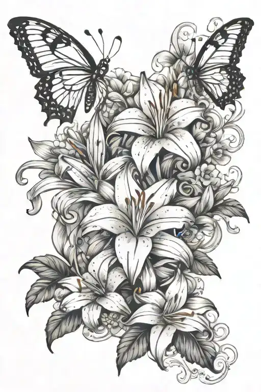 floral bouquet with lillies, butterflies and hanging pearls and jewlry tattoo design idea