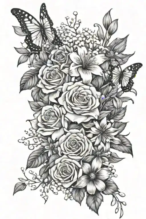 bouquet of flowers with babys breath, lillies, butterflies (mom and daughter), roses, bohemian jewelry tattoo design idea