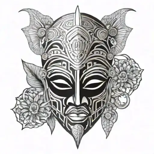 A modern interpretation of a Yoruba mask incorporating elements of Oya's symbolism tattoo design idea