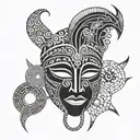A modern interpretation of a Yoruba mask incorporating elements of Oya's symbolism tattoo design idea