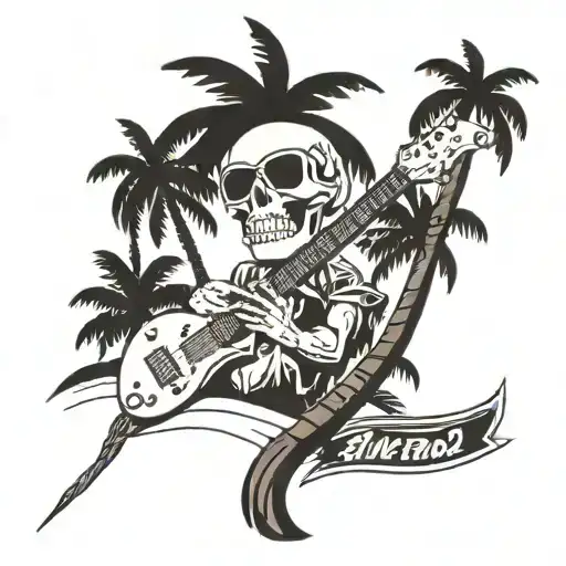 A beach scene with a skull wearing sunglasses playing a guitar under a palm tree tattoo design idea