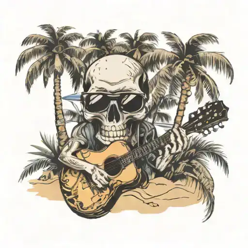 A beach scene with a skull wearing sunglasses playing a guitar under a palm tree tattoo design idea