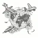 passport stamps from various major cities from around the world also incorporate a globe and a plane  tattoo design idea