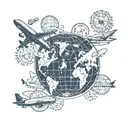 passport stamps from various major cities from around the world also incorporate a globe and a plane  tattoo design idea