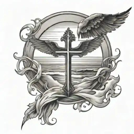 CERCLE AVEC UNE PLAGE DE SABLE AVEC UNE CROIX CHRETIENNE. AU DESSUS DE CE CERCLE IL YA DES AILES D'ANGE tattoo design idea