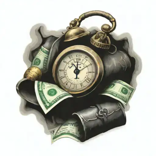 money bag , words " rags to riches " clock , fame and fortune tattoo design idea