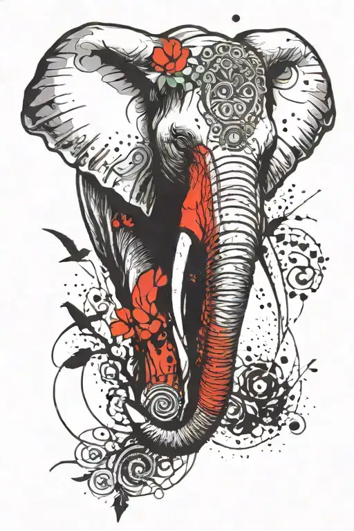 elephant head on the back ad the center, birds and other animals. horror theme. simple and not detailed tattoo design idea