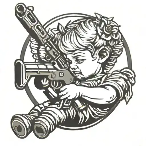baby angel holding rifle leaning her head tattoo design idea