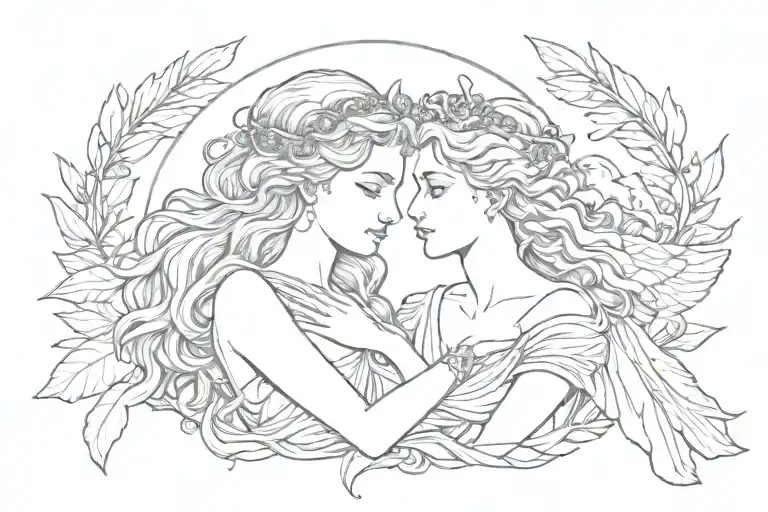 aphrodite and Eros line drawing style tattoo design idea