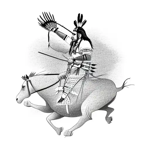 A Native American chief riding a horse in a desert sunset tattoo design idea