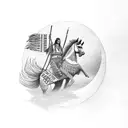 A Native American Indian riding a horse against a backdrop of a setting sun tattoo design idea