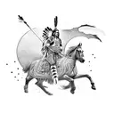 A Native American Indian riding a horse against a backdrop of a setting sun tattoo design idea