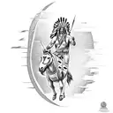 A Native American Indian riding a horse against a backdrop of a setting sun tattoo design idea