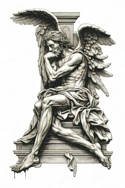 statue of David, fallen angel crying, da Vinci sleeve   tattoo design idea