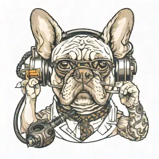 french bulldog of sherlock holmes smoking a pipe with dj headphones around his neck tattoo design idea