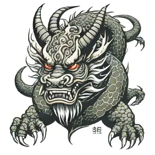 Sketch of a Japanese dragon wearing an oni mask with a sign on its tail with the inscription kurausu tattoo design idea