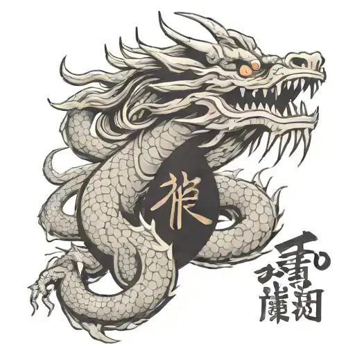 Sketch of a Japanese dragon wearing an oni mask with a sign on its tail with the inscription kurausu, a long dragon for  tattoo design idea