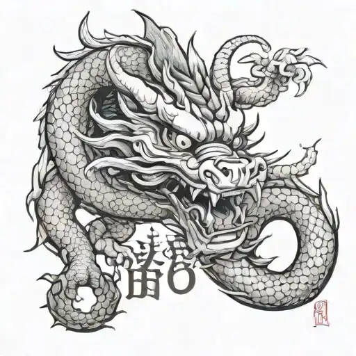 Sketch of a Japanese dragon wearing an oni mask with a sign on its tail with the inscription kurausu, a long dragon for  tattoo design idea