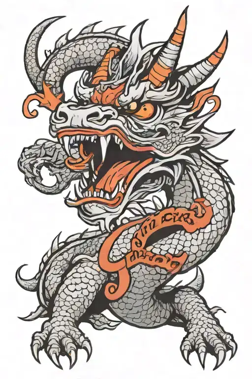 Sketch of a Japanese dragon wearing an oni mask with a sign on its tail with the inscription kurausu, a long dragon for  tattoo design idea