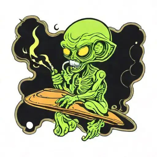 alien smoking a joint spaceship landing tattoo design idea