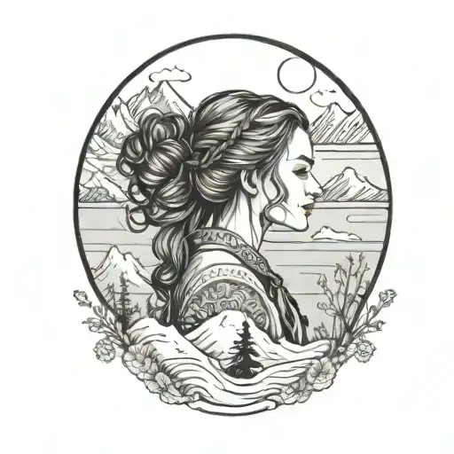girl overlooking ocean and mountains in snow  tattoo design idea